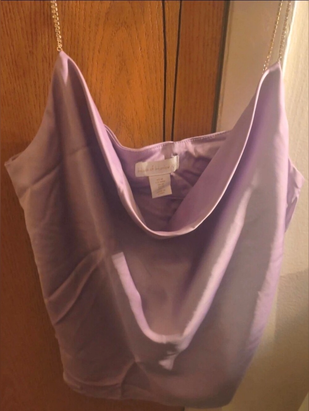 EUC House of Harlow 1960 Lilac Satin Cowl Neck Top Rhinestone Chain Straps Med